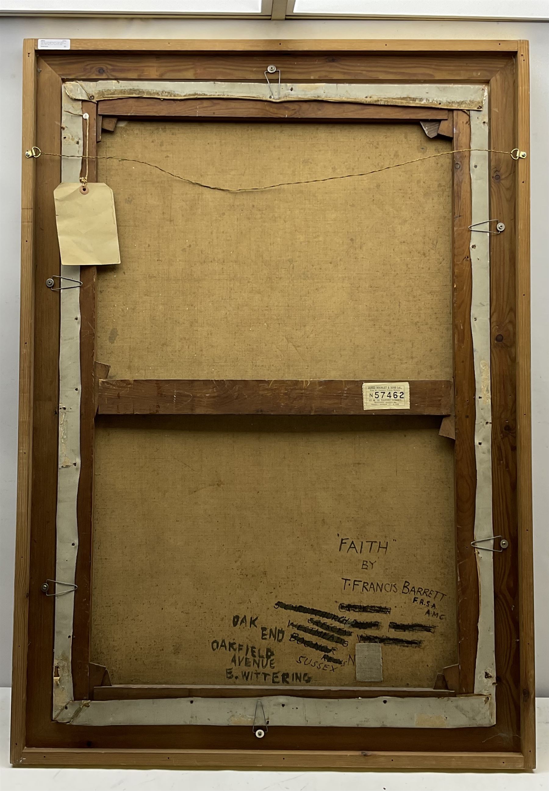 Thomas Francis Barrett AMC FRSA (British 20th century): 'Faith', oil on canvas signed and dated 1966, titled verso with artist's addresses 106cm x 71cm in Pre-Raphaelite style hand-tooled gilt gesso frame
Provenance: Royal Academy Exhibition 1968, label verso 