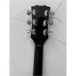 Hohner Arbor Series electric guitar in black and elm effect, serial no.E714703, L101cm; together with an acoustic guitar L102cm; with two Kinsman folding stands (4)