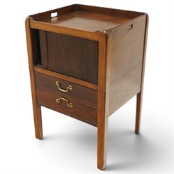  Late 18th century tray top bedside table, tray top with cut out handles, above a tambour shutter, with commode style pull out drawer beneath, raised on square tapering supports