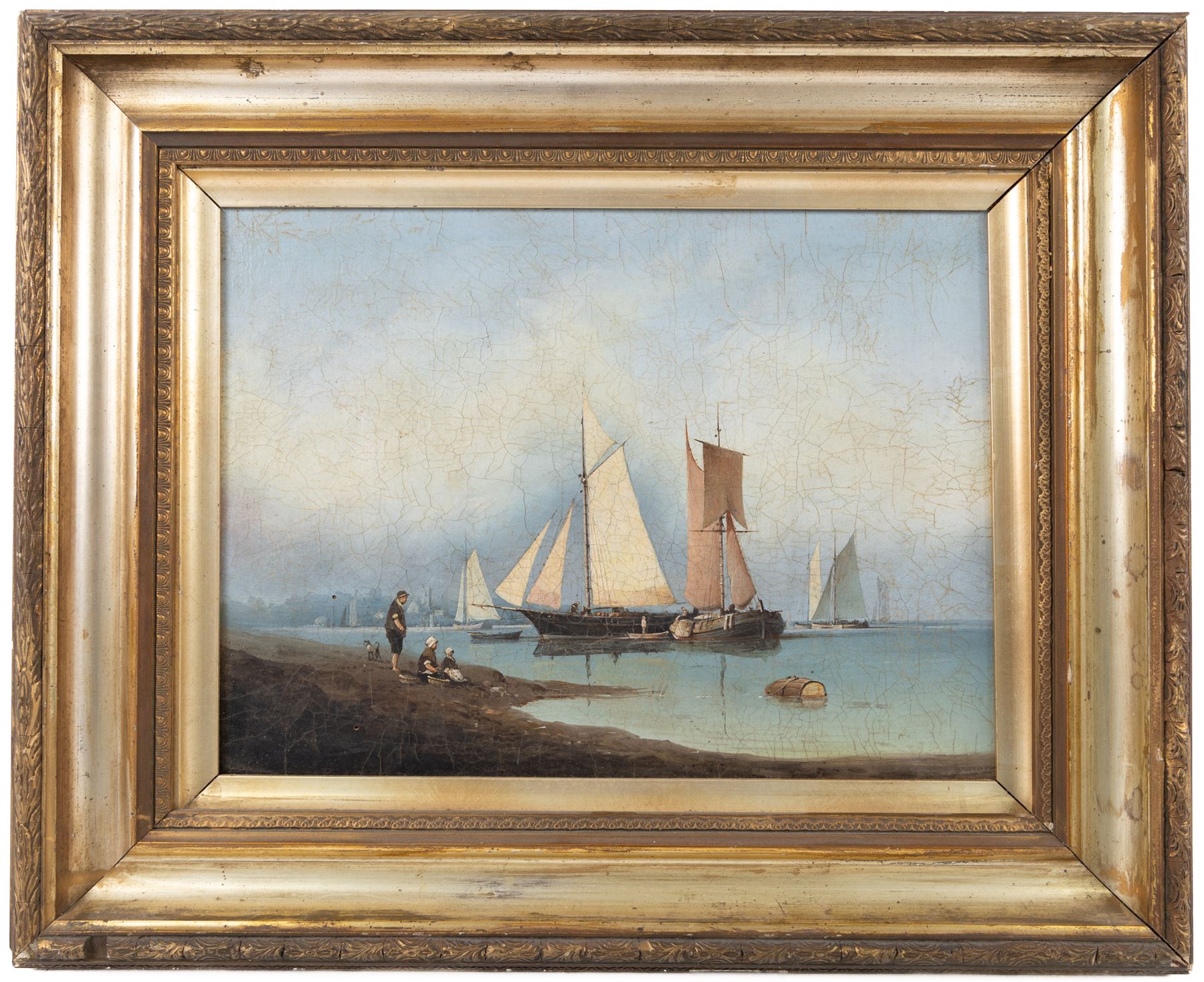 English School (19th Century): Family Waiting on the Jersey Sands, oil on board faintly signed l.r, the floating barrel inscribed 'Jersey', 25cm x 35cm 