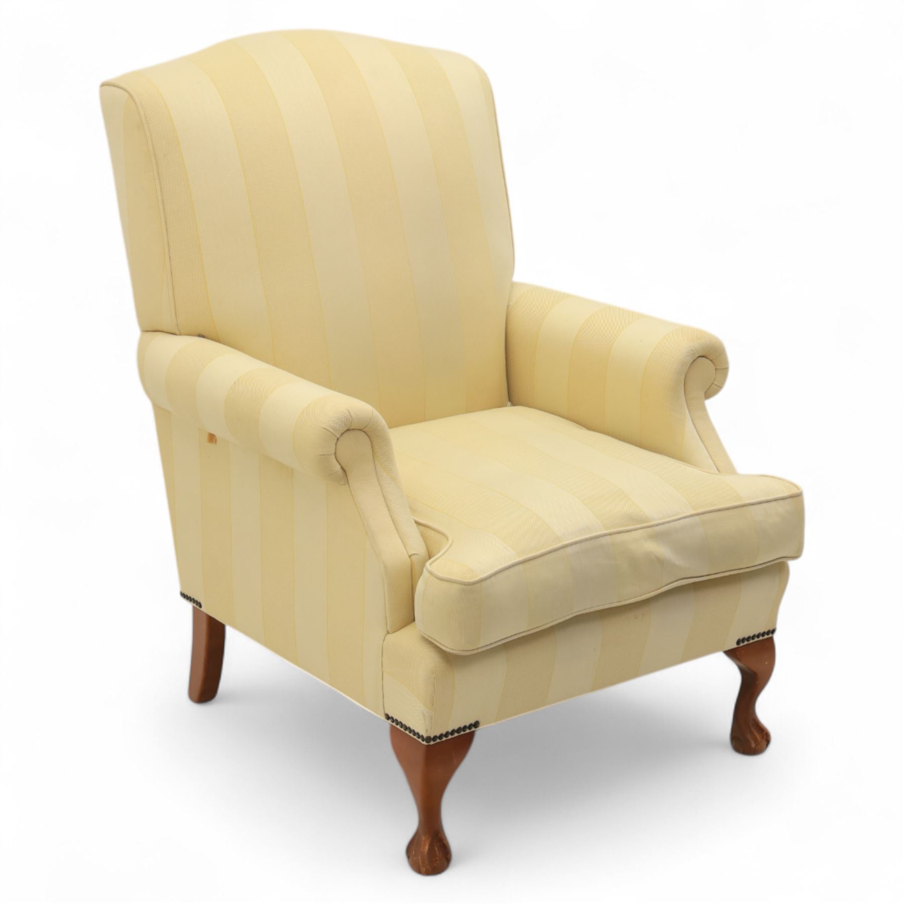 Wesley-Barrell - Georgian design traditional shaped armchair with rolled arms, sprung back and loose seat cushion upholstered in beige striped fabric with gold piping, raised on cabriole supports with ball and claw feet