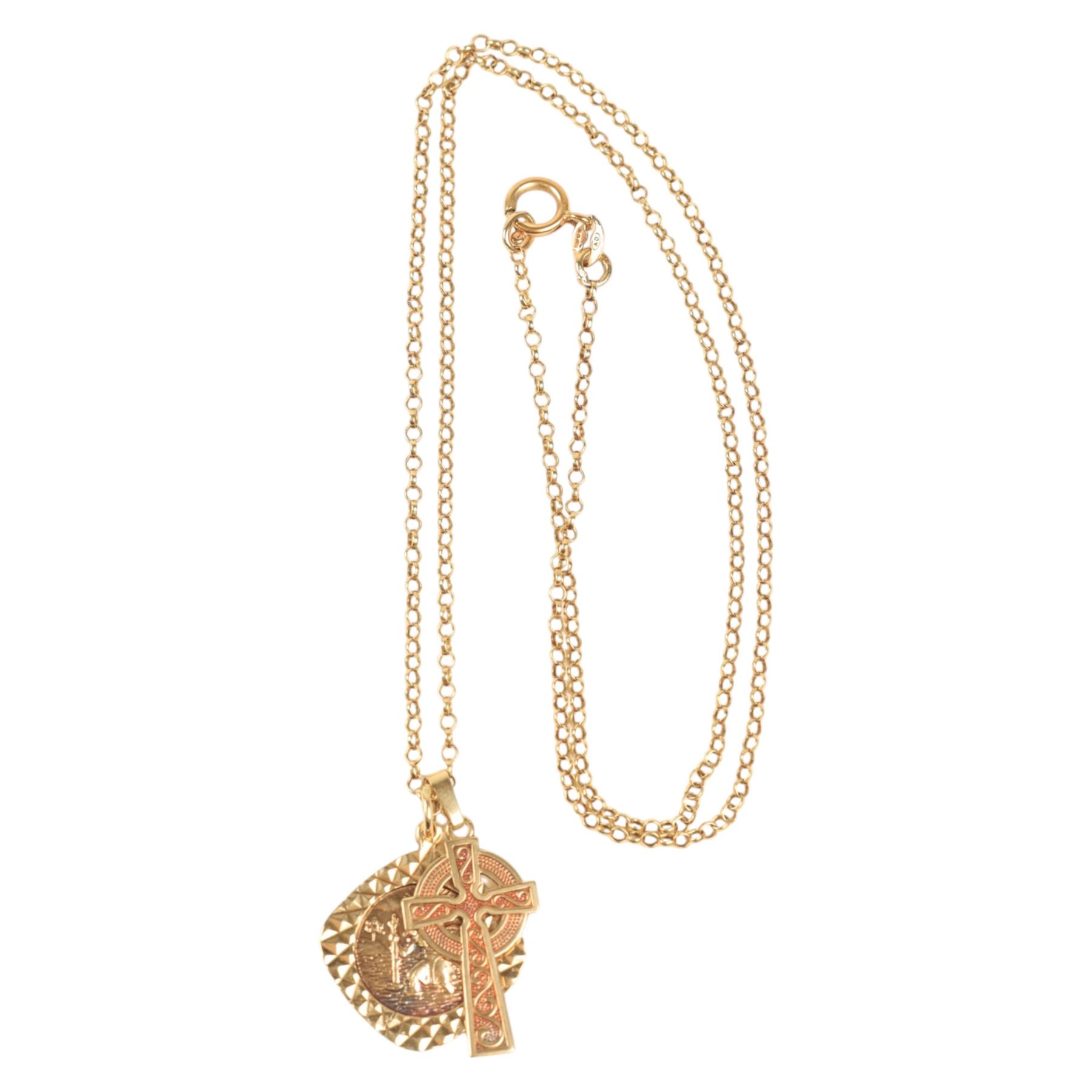 Gold St Christopher's pendant necklace and a gold cross pendant, all 9ct 