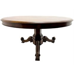 Early Victorian mahogany breakfast table, circular top with banded edge, raised on octagonal pedestal base with three scrolled cabriole supports with foliate moulding, terminating in stepped square feet and brass castors