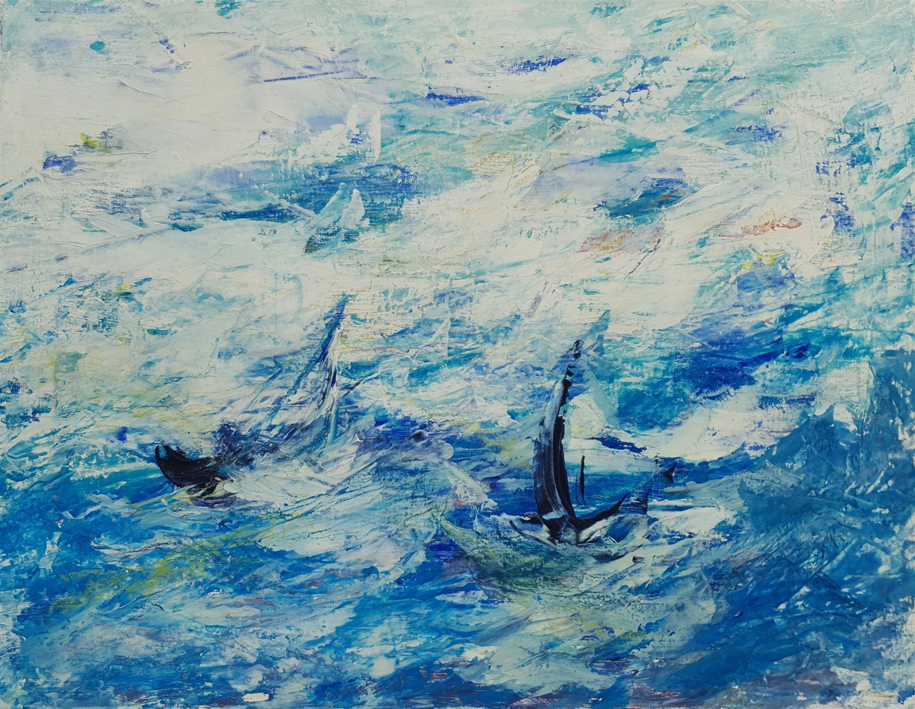 Madeleine Eyland (Belgian/British 1930-2021): 'Stormy Sea', acrylic on canvas unsigned, artist's studio label verso 39cm x 50cm (unframed) 
Provenance: artist's studio collection. Marie-Madeleine Eyland (neé Legrain) was born in 1930 at Floriffoux, Belgium; she lived most of her life in Scarborough working as a nurse and an artist.