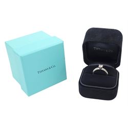 Tiffany & Co platinum single stone, princess cut diamond ring, London 2014, diamond 0.40 carat, boxed