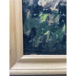 George Graham (British 1881-1941): Nude Figures in the Woods, oil on canvas signed 30cm x 40cm 
Notes: better known for his landscape paintings of West Yorkshire and Sussex , and for his friendship with Fred Lawson, later in life Graham produced some more surreal works, such as the present picture and a series of 'Creation' paintings held by Hastings Art Gallery.