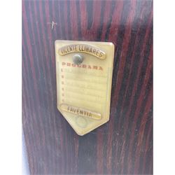 Faventia Half size miniature Spanish barrel piano with a 40cm cylinder playing tunes on a 37 note movement including woodblock and triangle, in a painted case with silk embroidered decoration to the front.  Vicente Linares, Barcelona trade label, with original crank handles, stringing, hammers action, tuning pins and cylinder