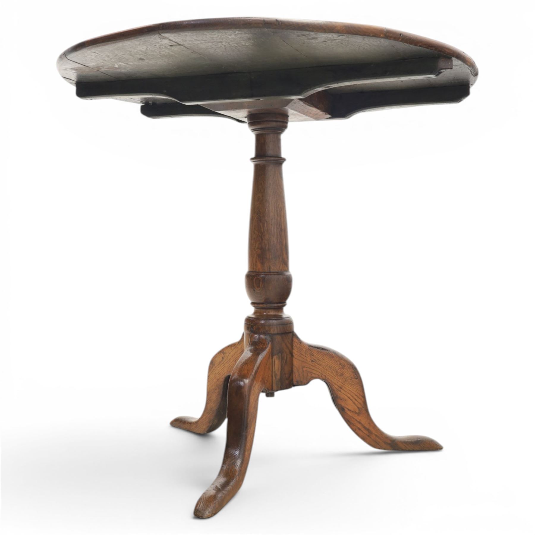 Georgian oak tripod table, plank top with visible dowels with turned baluster column, raised on cabriole supports