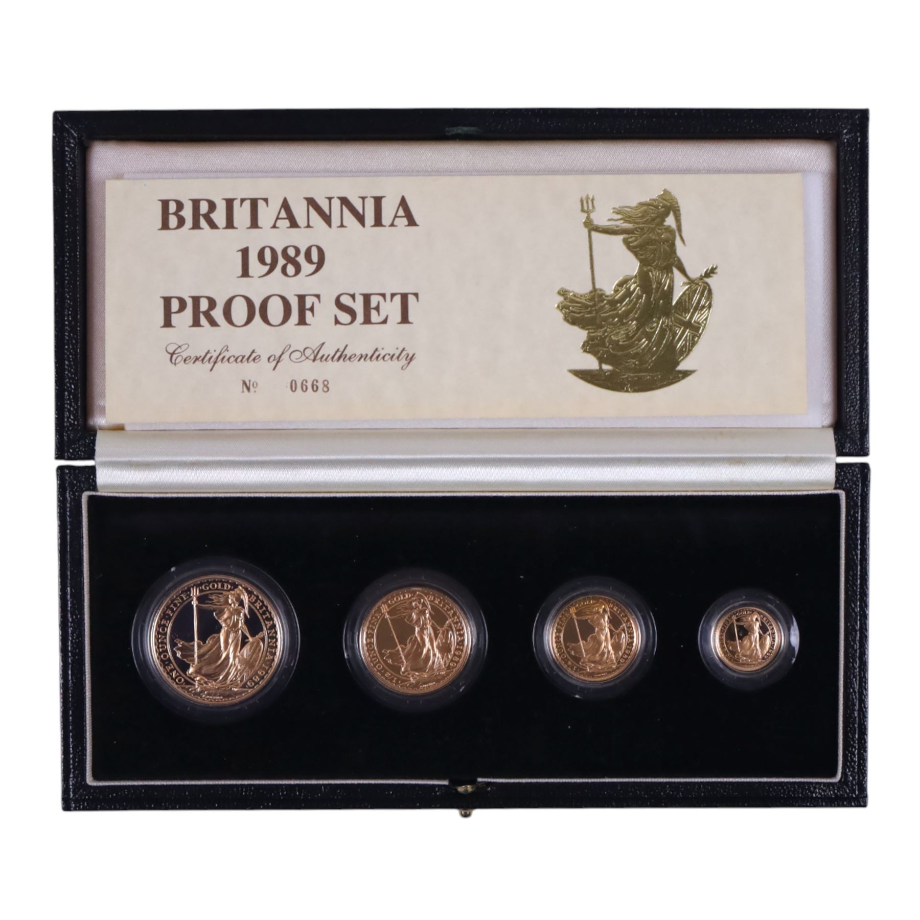 Queen Elizabeth II 1989 gold proof Britannia four coin set, one hundred pound to ten pound, cased with certificate
