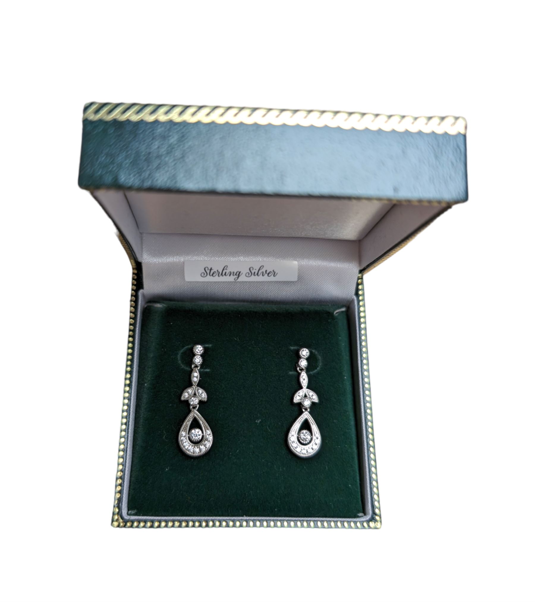 Pair of silver cubic zirconia pendant earrings, stamped 925, boxed 