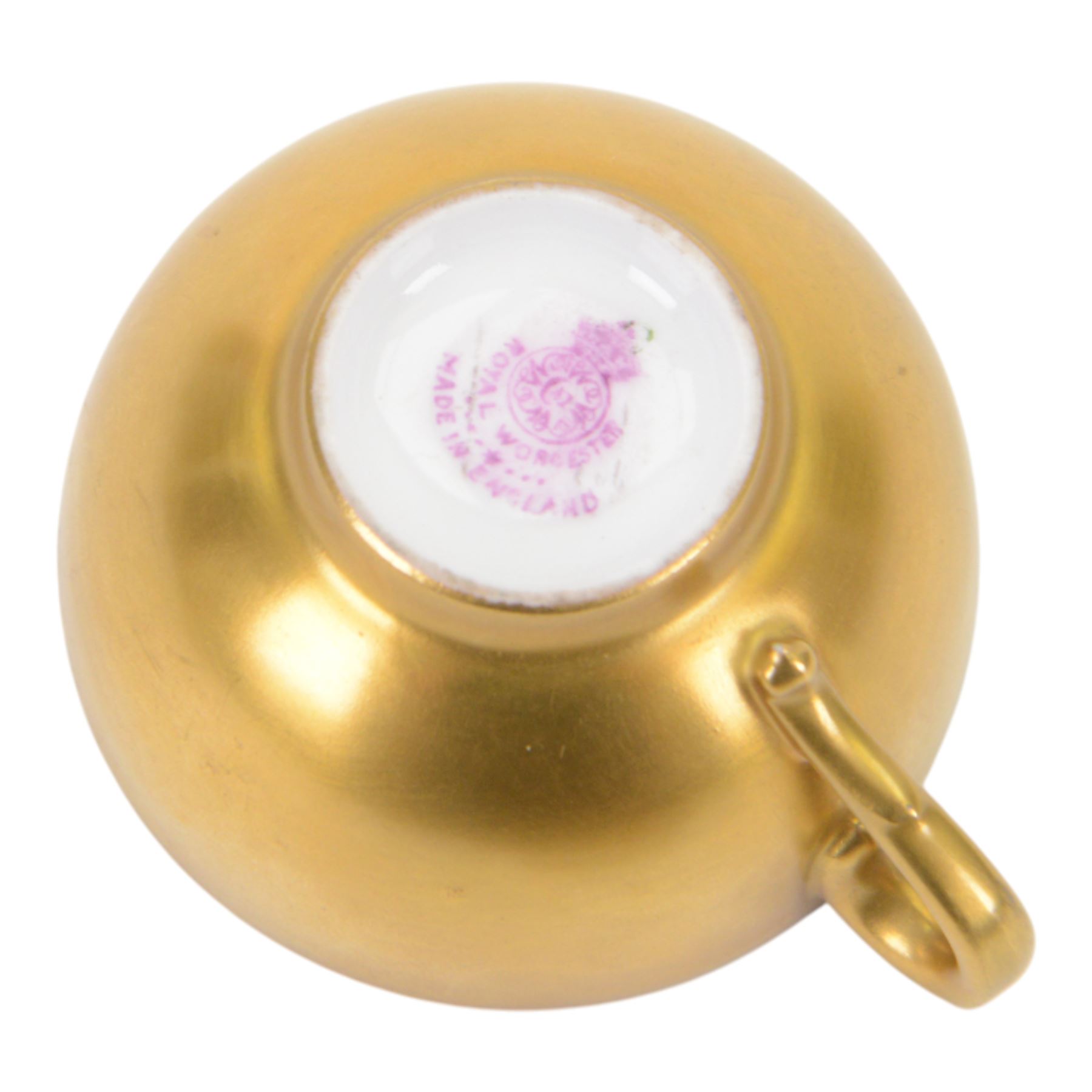 Two Royal Worcester fruit painted miniature cabinet cups and saucers, the first example interior hand painted with apples and blackberries upon a mossy ground, the cup exterior and centre of saucer gilded, cup signed W. Hale and saucer signed G. Mosley, each with puce coloured printed marks beneath, the second example, exterior hand painted with pears and blackberries upon a mossy ground, the cup interior and centre of saucer gilded, cup signed Rushton and saucer signed W. H. Austin, each with puce coloured printed marks beneath, largest H6cm