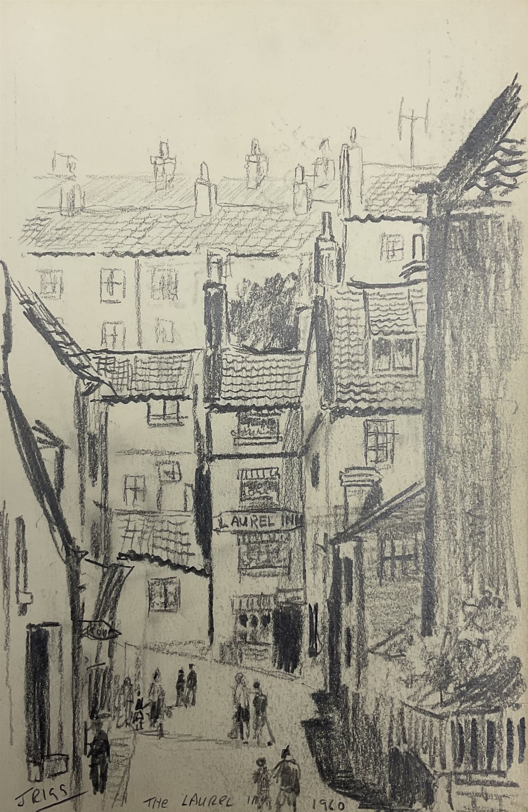Jack Rigg (British 1927-2023): 'Laurel Inn Pub' - Robin Hood's Bay, pencil sketch signed titled and dated 1960, 25cm x 16cm (unframed)