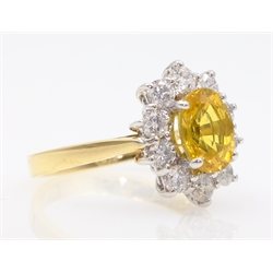  Yellow sapphire and round brilliant cut diamond gold cluster ring hallmarked 18ct sapphire approx 3 carat, diamonds approx 0.7 carat  