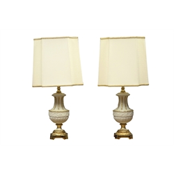  Pair Italian porcelain Mangani classical style table lamps, bisque body moulded in relief with a continuous band of putti, gilt-brass mounts and base with silk part pleated shades, H61cm overall  (This item is PAT tested - 5 day warranty from date of sale)  