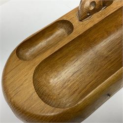 Mouseman - oak pen tray, rectangular form with rounded ends, carved mouse signature over penny moulded edge, by the workshop of Robert Thompson, Kilburn