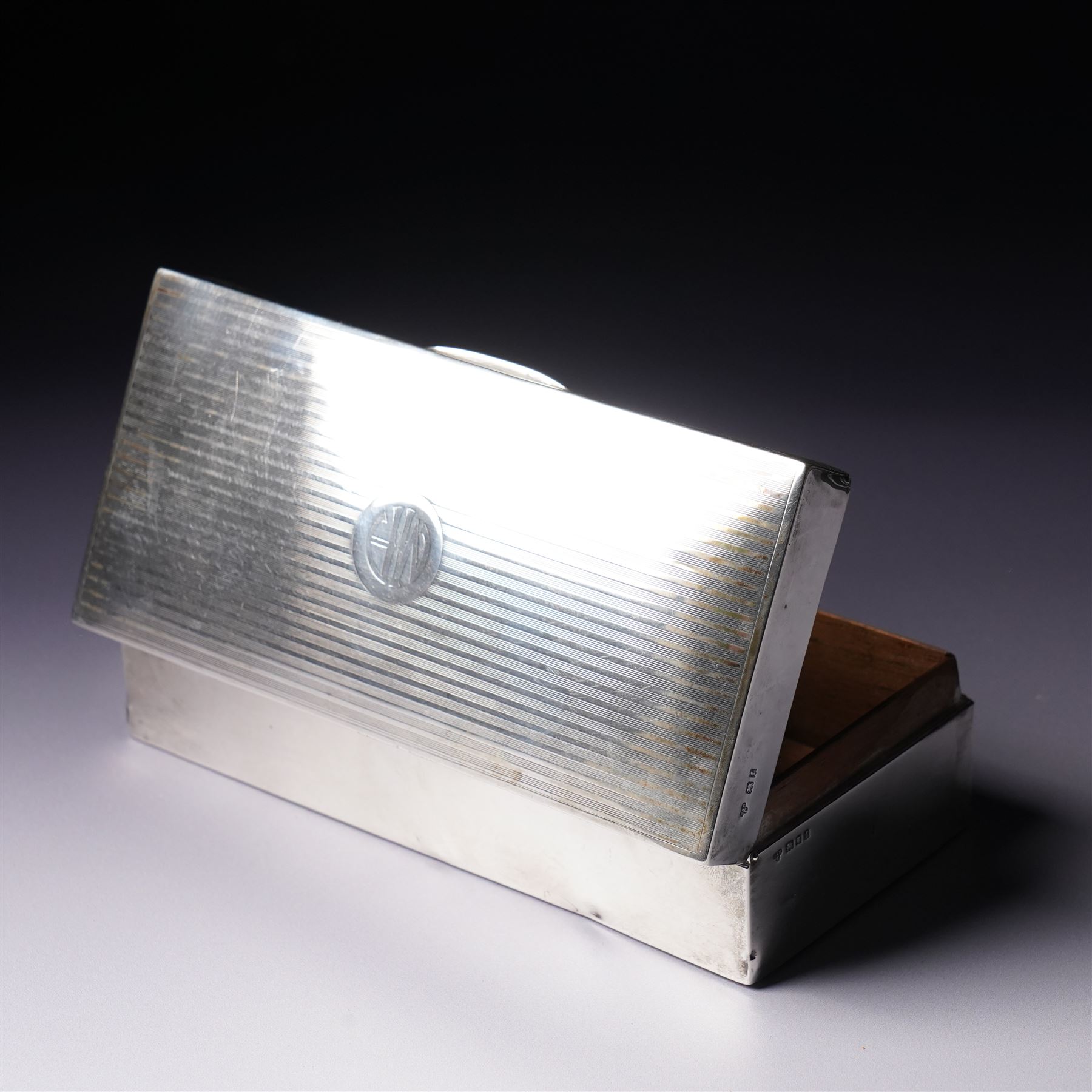 Silver rectangular cigarette box with engine turned cover engraved with initials and presentation inscription W19cm London 1921 Maker Charles & Richard Comyns