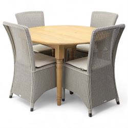 Neptune – Sheldrake limed oak extendable dining table and eight Havan loom chairs, the oval top in limed oak finish with four additional leaves extending the table to seat up to ten (Extends to cm), raised on turned legs with two additional centre supports, the matching Havan loom chairs finished in grey with cream upholstered seat covers (H 95cm, W 47cm, D 55cm)