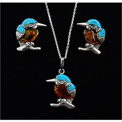 Silver Baltic amber and turquoise Kingfisher pendant necklace, and pair of matching stud earrings, stamped 925