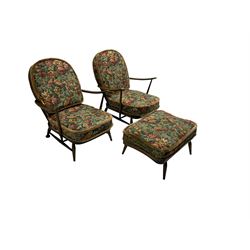 Ercol - pair of dark elm and beech easy chairs, and matching footstool 