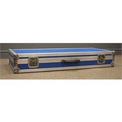  Blue flight case, hinged lid and clasps, W111cm, H18cm, D48cm  