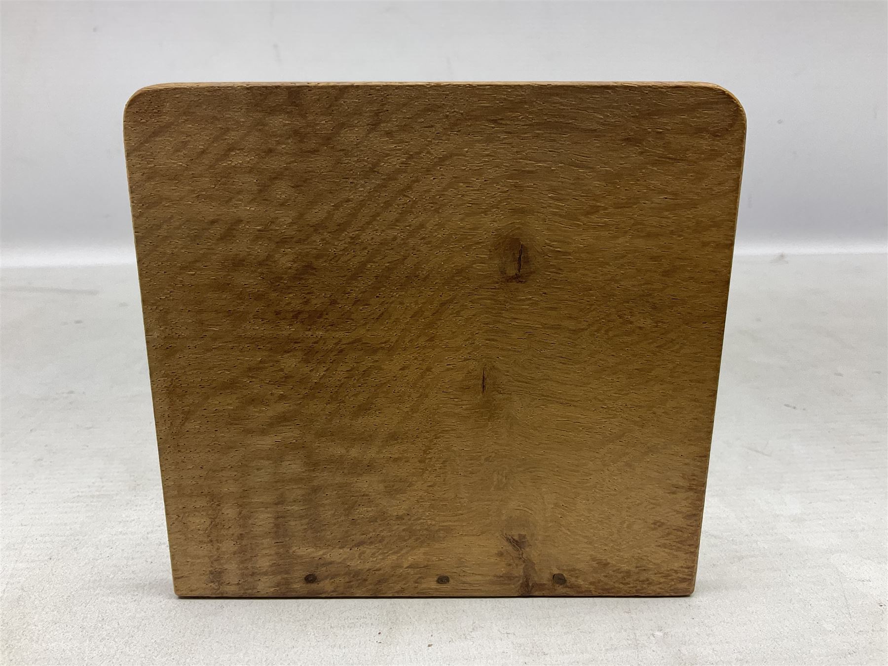 'Rabbitman' oak letter rack of two graduated square panels on a slab base, with carved with rabbit signature, by Peter Heap of Wetwang, H12cm