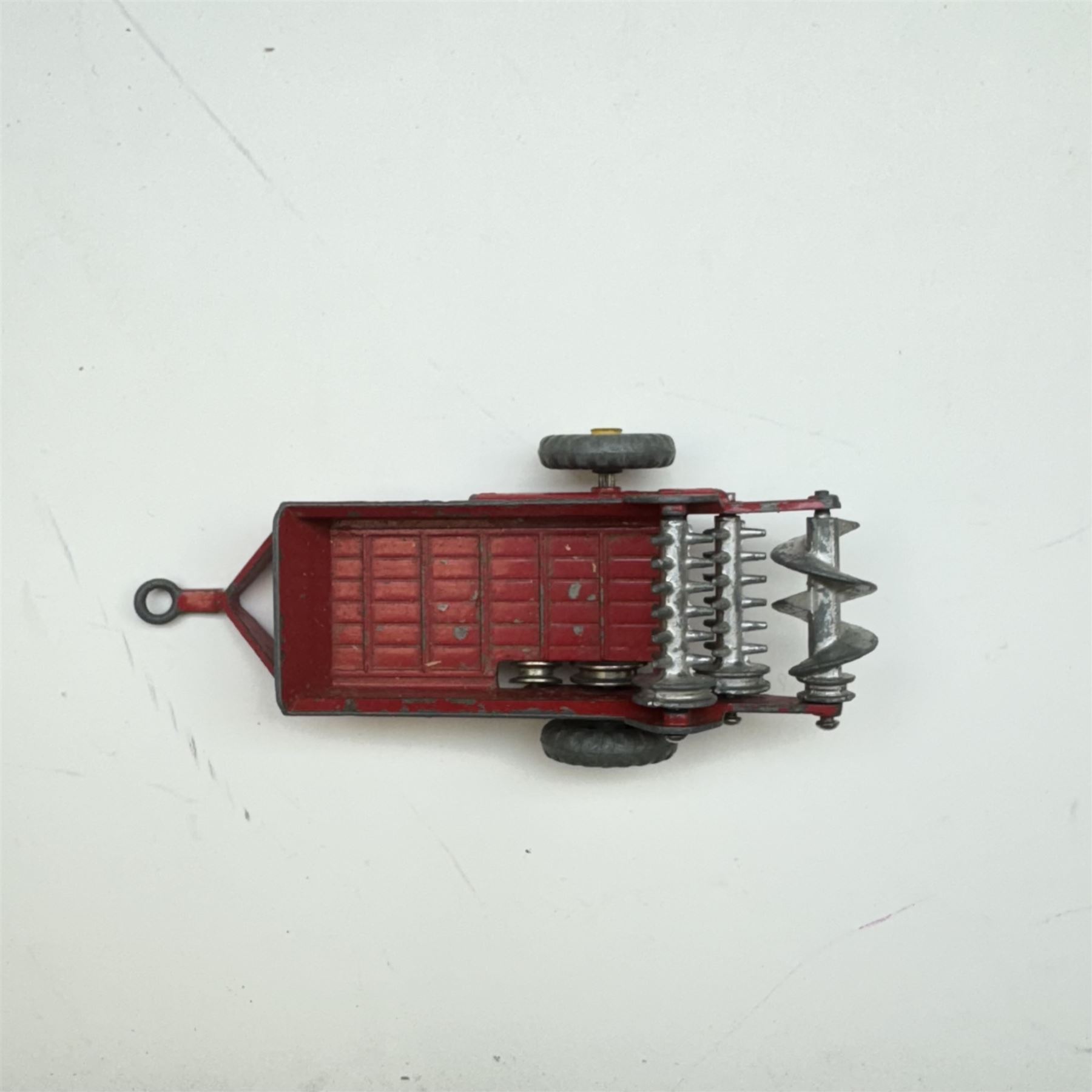 Britains 1:32 scale farm implements, vehicles and figures,  comprising 9563 Hay Baler, 9539 Seed Drill, 9534 Disc Harrow, 9537 Acrobat Rake, 9530 Three Furrow Plough, 9547 Horse Box with Horse, 9576 Farm Land Rover, 2078 male Rider with Horse, 9533 Roller, 9538 Vari-Spreader, 9536 Cultivator, three 1742 Hay Bales, 1740 Milk Churns and 1741 Sacks, all boxed, together with trees, walls, buildings and loose vehicles