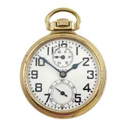 Elgin watch Co gold-plated open face B.W. Raymond 'up & down' keyless 21 jewels, lever railroad pocket watch, No. 28933873, white enamel dial with Arabic numerals, subsidiary seconds and up down indicator dials, screw back case No. 9635089
