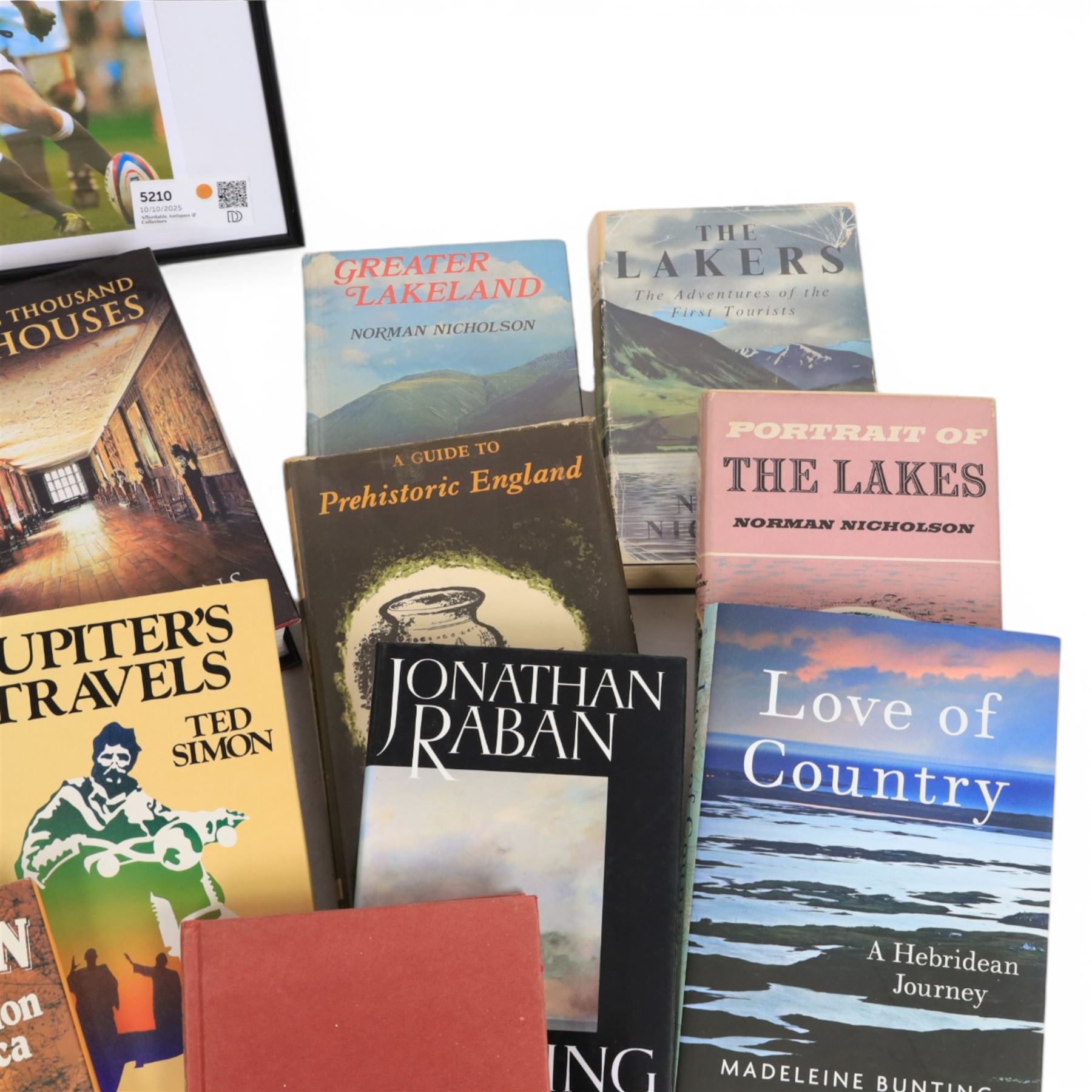 Ten travel related books, including Ted Simon Jupiter's Travels, On Tour The British Traveller in Europe, Norman Nicholson The Lakers, Greater Lakeland and Portrait of the Lakes and Nicholas Thomas A Guide to Prehistoric England and signed sporting books and photographs, comprising Johnny Wilkinson 11.5 x 8