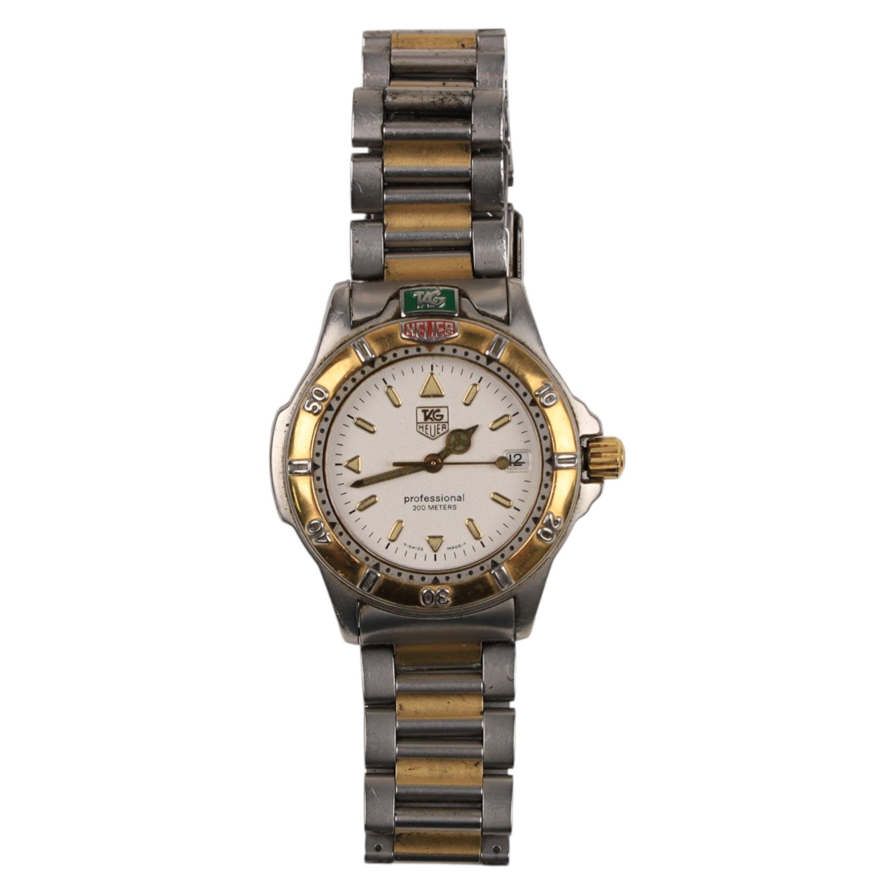 9ct gold jewellery, including bone deer pendant in gold mount, signet ring and stone set brooch, all stamped or hallmarked, three silver bangles, base metal bangle, brass diving related keychains and a Tag Heuer quartz wristwatch