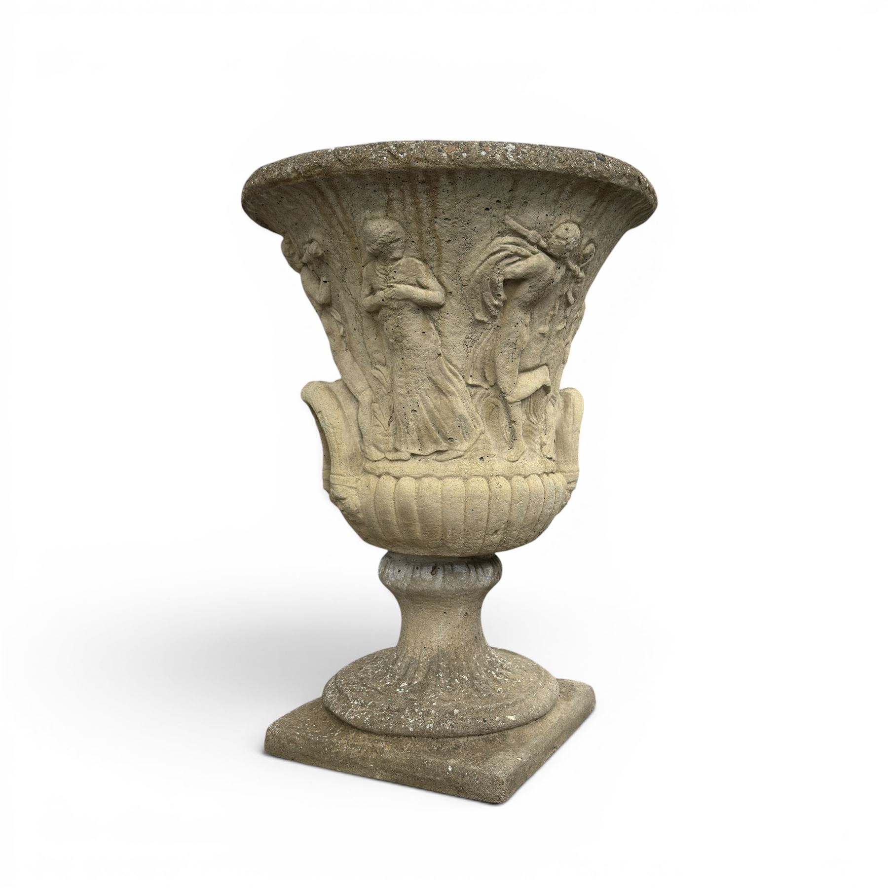 Greek design cast stone garden centre-piece urn, decorated with figures and loop handles, raised on squat pedestal, square base