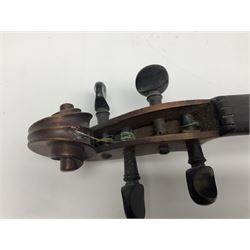 Chinese Parrot violin with 35.5cm two-piece back; L59.5cm in carrying case; and early 20th century German violin for restoration; bears label 'Antonius Stradivarius Faciebat Anno 1730'; cased with bow (2)