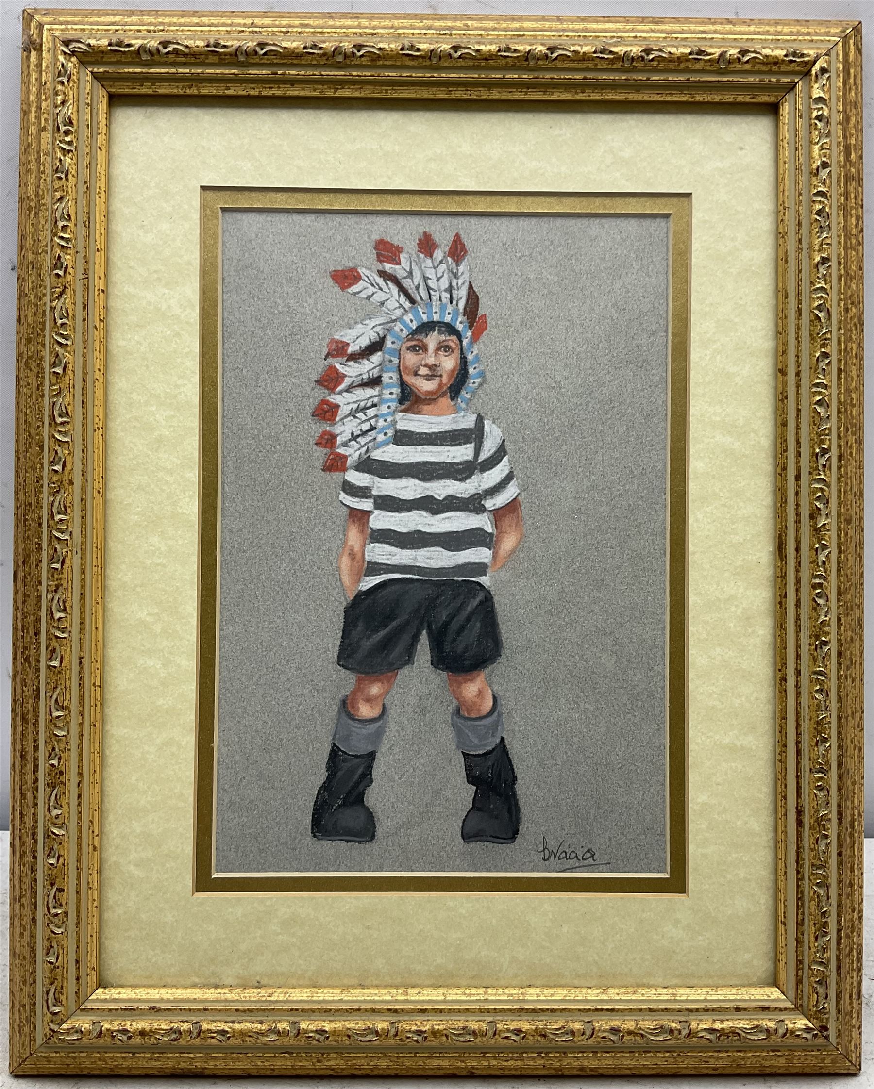 Brian Shields 'Braaq' (Northern British 1951-1997): Self Portrait as a Young Boy with Native American Headdress, pastel signed 24cm x 16cm