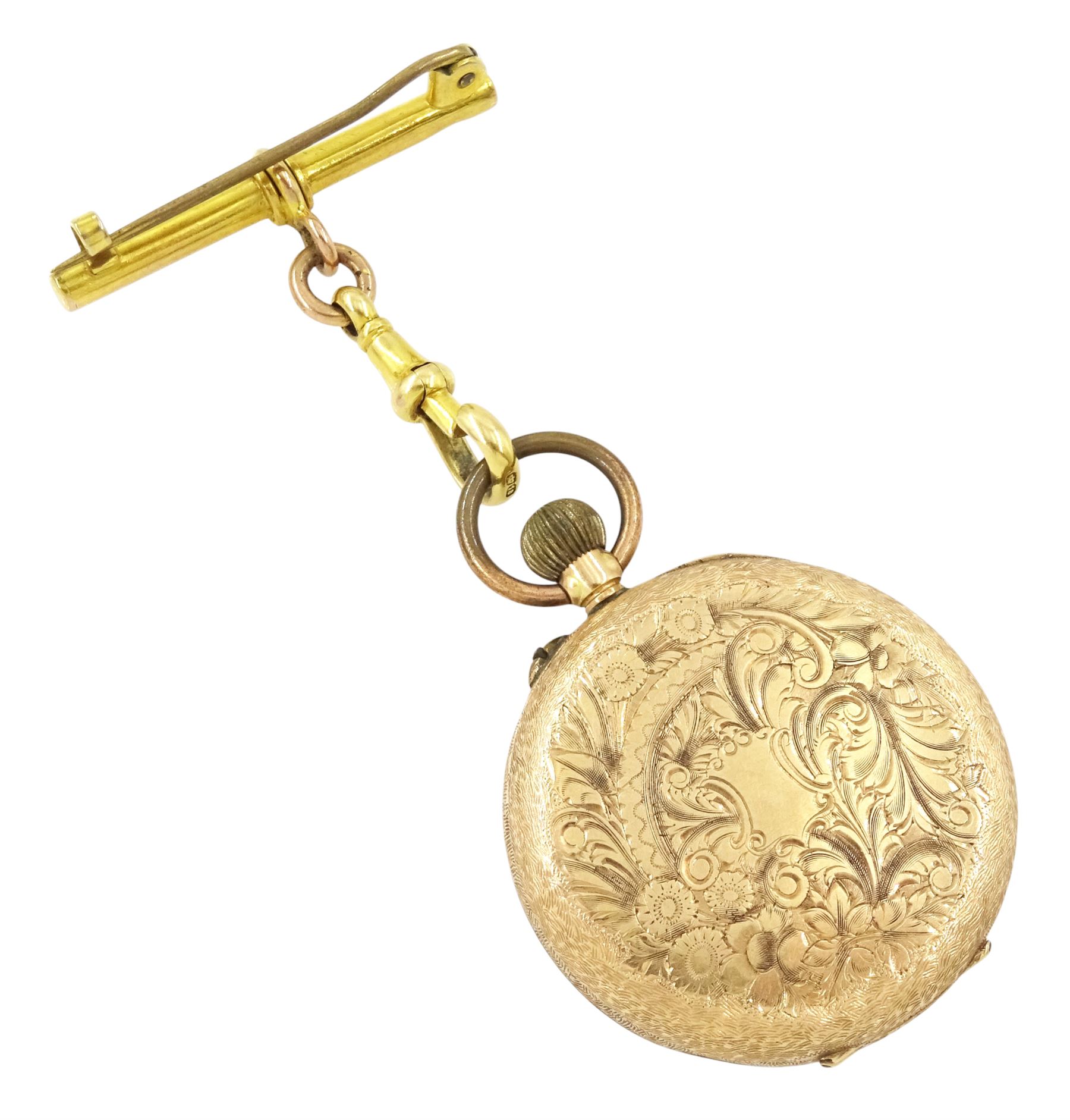 19th / early 20th century 14ct gold keyless cylinder fob watch, white dial with Roman numeral hour markers, back case with engraved foliate decoration, stamped K14 with squirrel hallmark, on gold T bar brooch