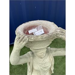 Composite stone classical figure of a woman with raised basket planter, decorated with flower heads - THIS LOT IS TO BE COLLECTED BY APPOINTMENT FROM DUGGLEBY STORAGE, GREAT HILL, EASTFIELD, SCARBOROUGH, YO11 3TX