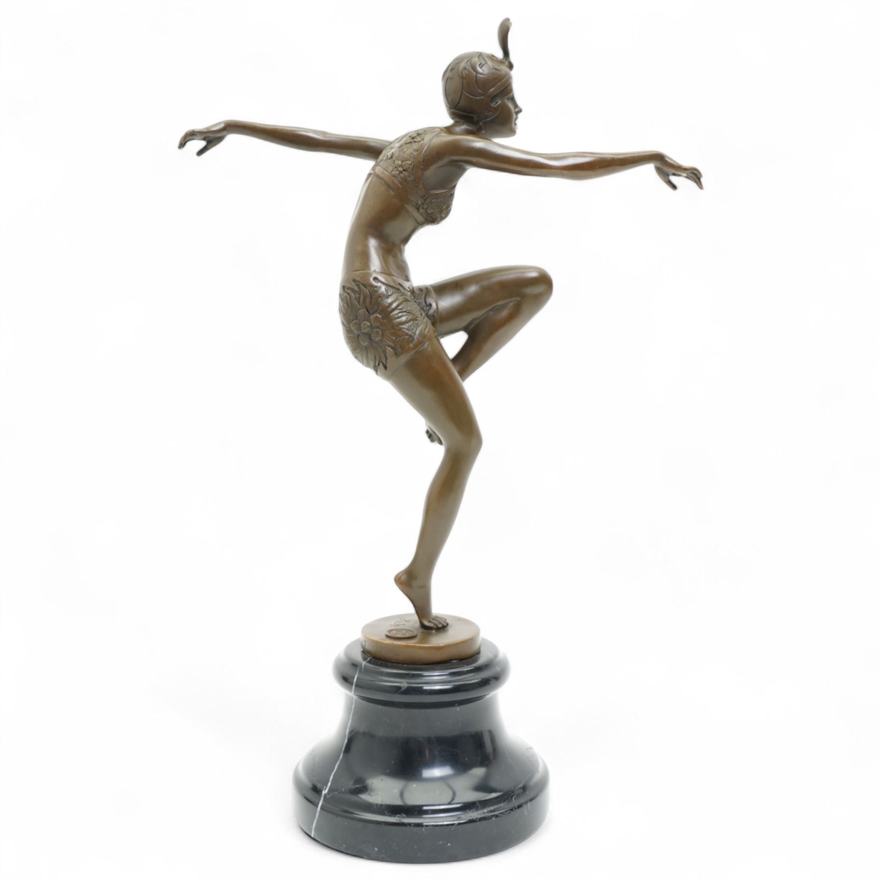 After Ferdinand Preiss (German 1882-1943): 'Con Brio', bronze figure bearing signature and with foundry mark, on black veined marble base, H38cm 