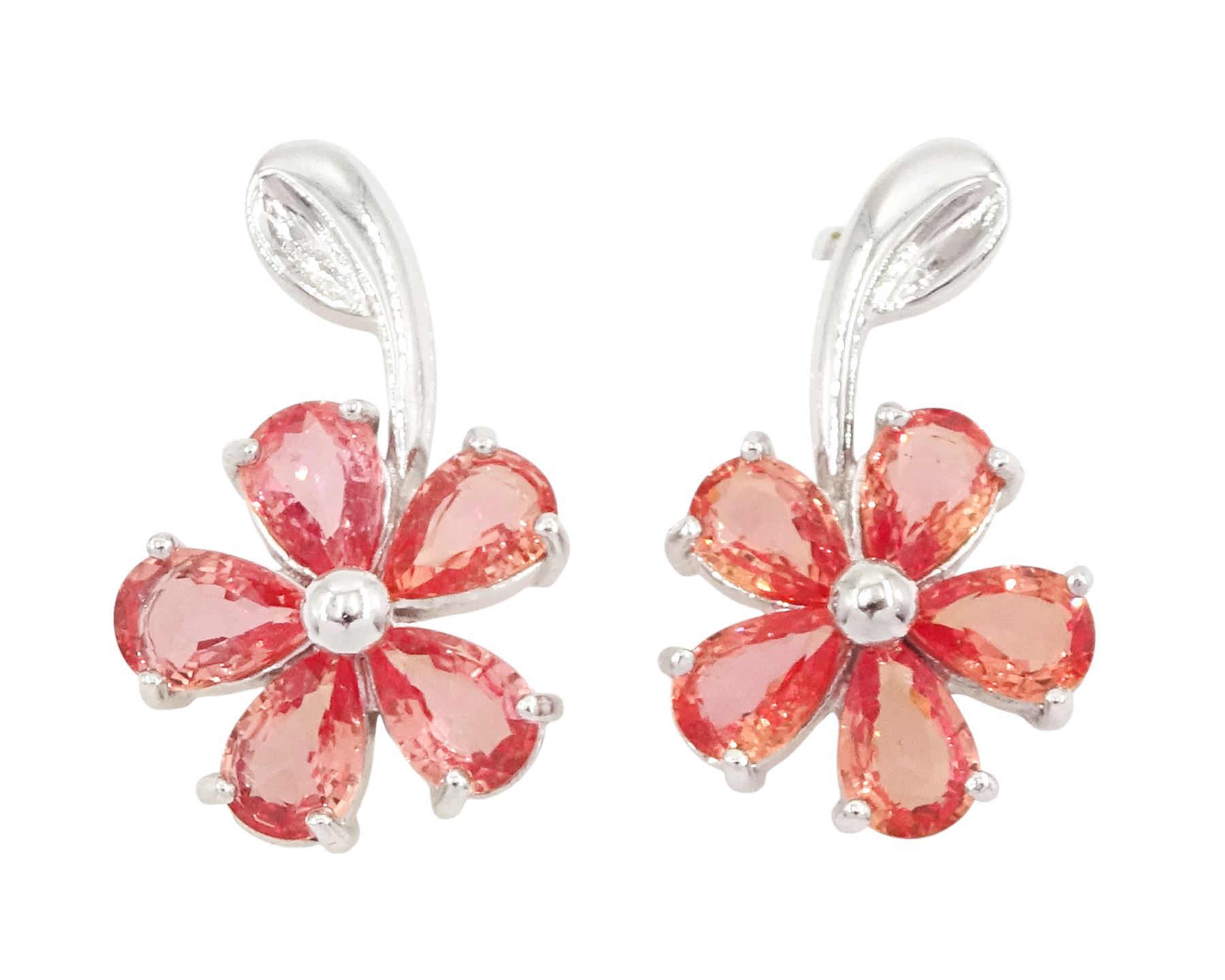 Pair of 18ct white gold padparadscha sapphire flower head stud earrings, each stem suspending a pendant flower head, set with five pear cut sapphires, Birmingham 2006, total sapphire weight approx 3.95 carat