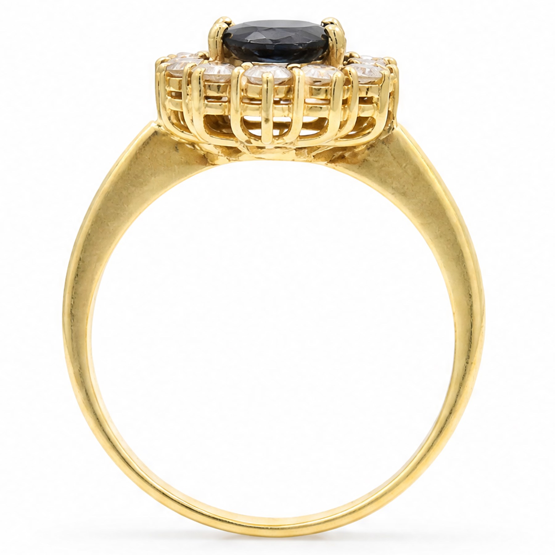 18ct gold sapphire and diamond cluster ring, single oval cut sapphire of approx 1.05 carat, surrounded by twelve round brilliant cut diamonds, stamped 750, total diamond weight approx 0.25 carat