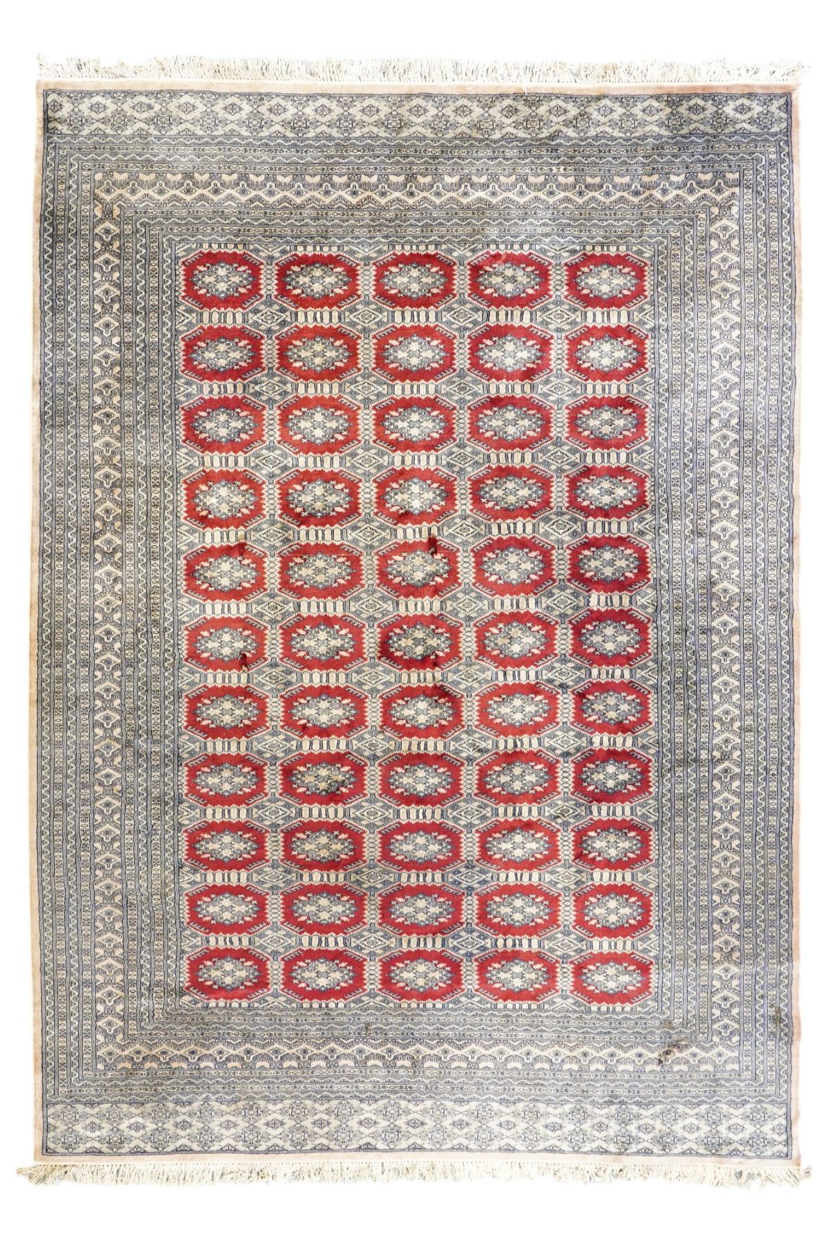 Jaldar Bokhara crimson and pale ground carpet, the field decorated with five rows of Gul motifs, within intricate multi-band border decorated with repeating geometric designs 