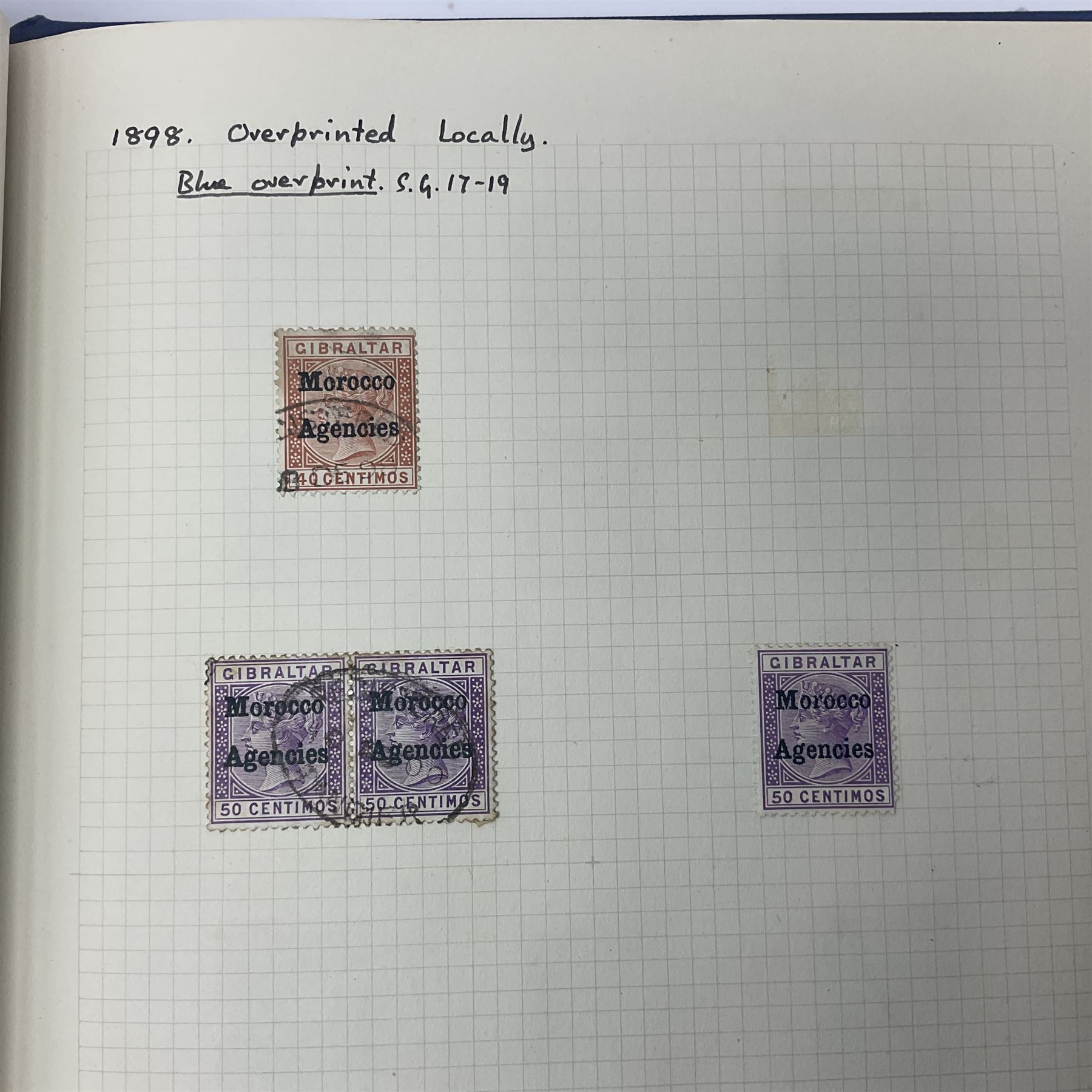 Queen Victoria and later Morocco Agencies and Tangier overprint stamps, including 1898 Morocco Agencies overprint on Gibraltar, some mint pairs, King Edward VII 1907-12 Morocco Agencies overprints with surcharge on two shillings and sixpence, five shillings and ten shillings, King George VI 1917-26 Morocco Agencies overprints on seahorses with half crown, five shillings and ten shilling values, Spanish French and International zones represented etc, housed in single blue album