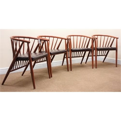  Set four tubular teak effect tub shaped armchairs, upholstered seats, tapering supports, W57cm  