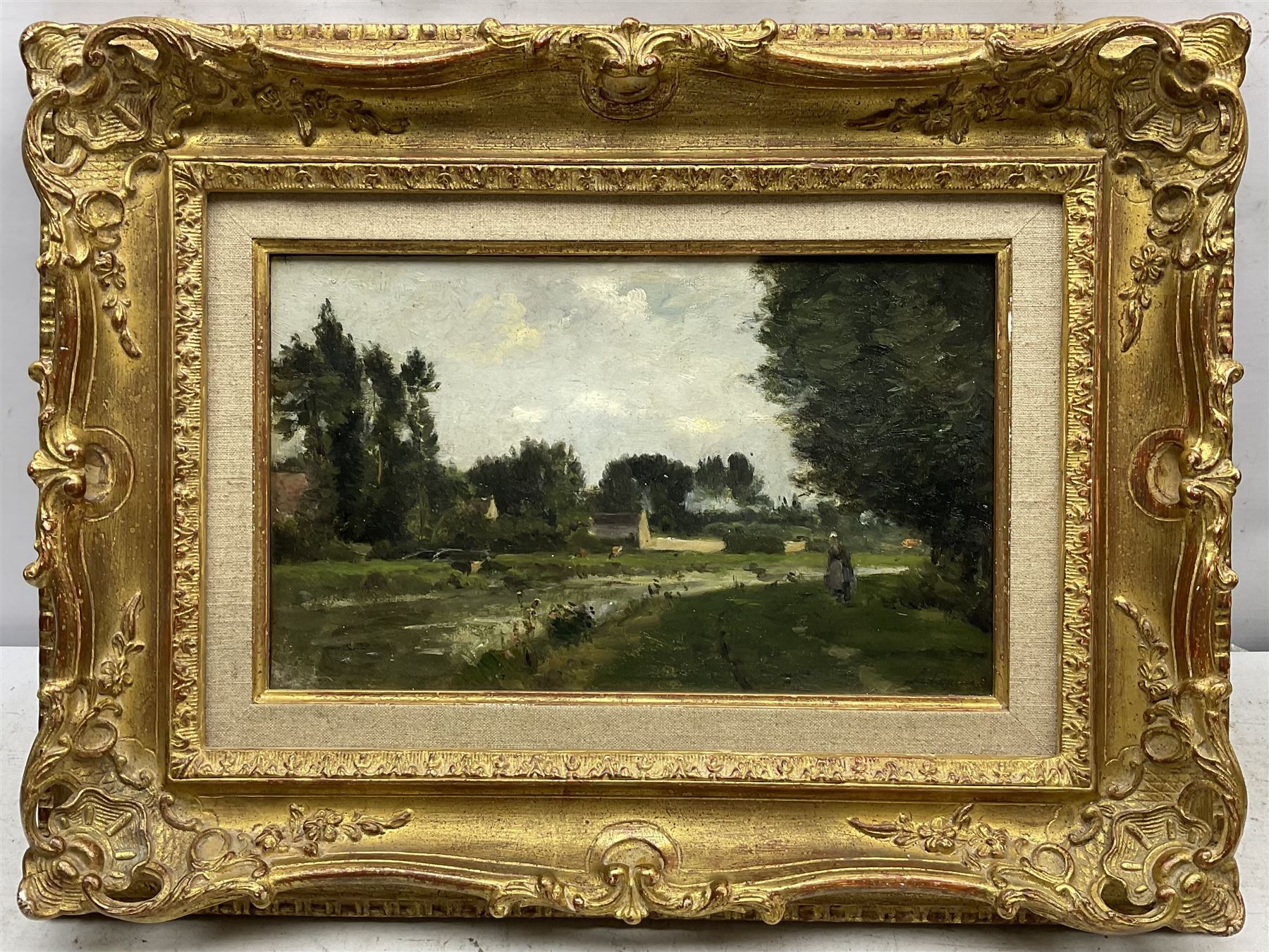 Stanislas Lépine (French 1835-1892): Figure by the Riverside, oil on canvas signed 19cm x 32cm