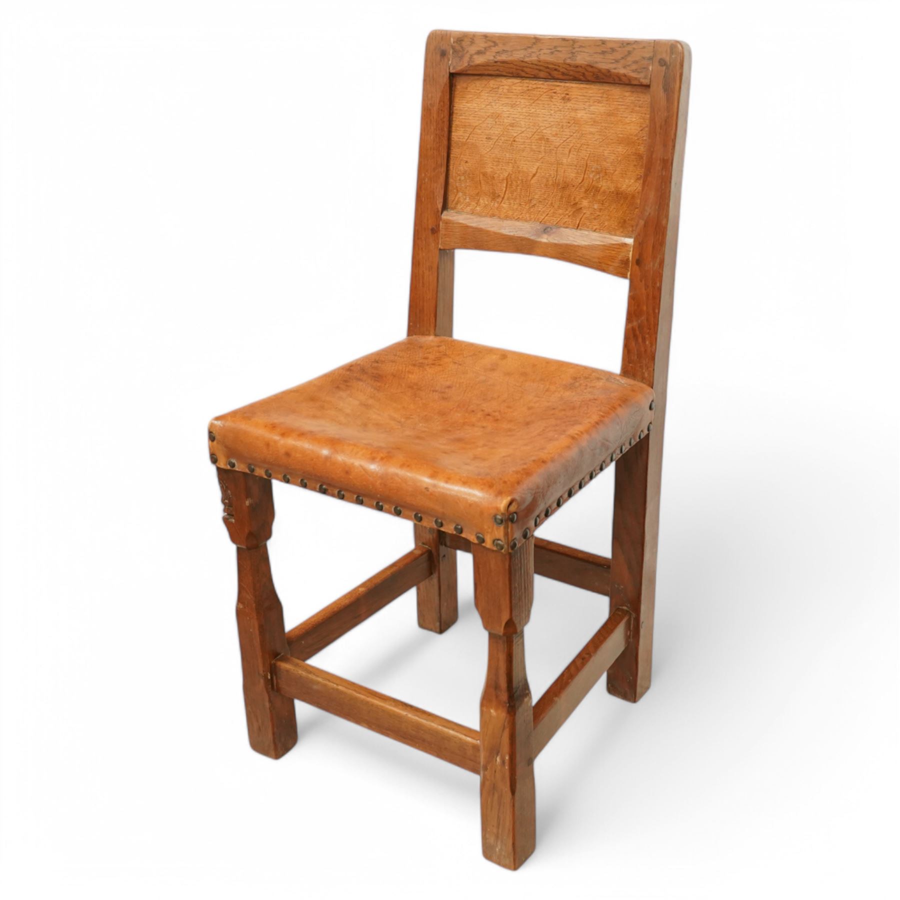 Gnomeman - set of six (4+2) oak dining chairs with panelled backs, by Thomas Whittaker, Littlebeck, Whitby