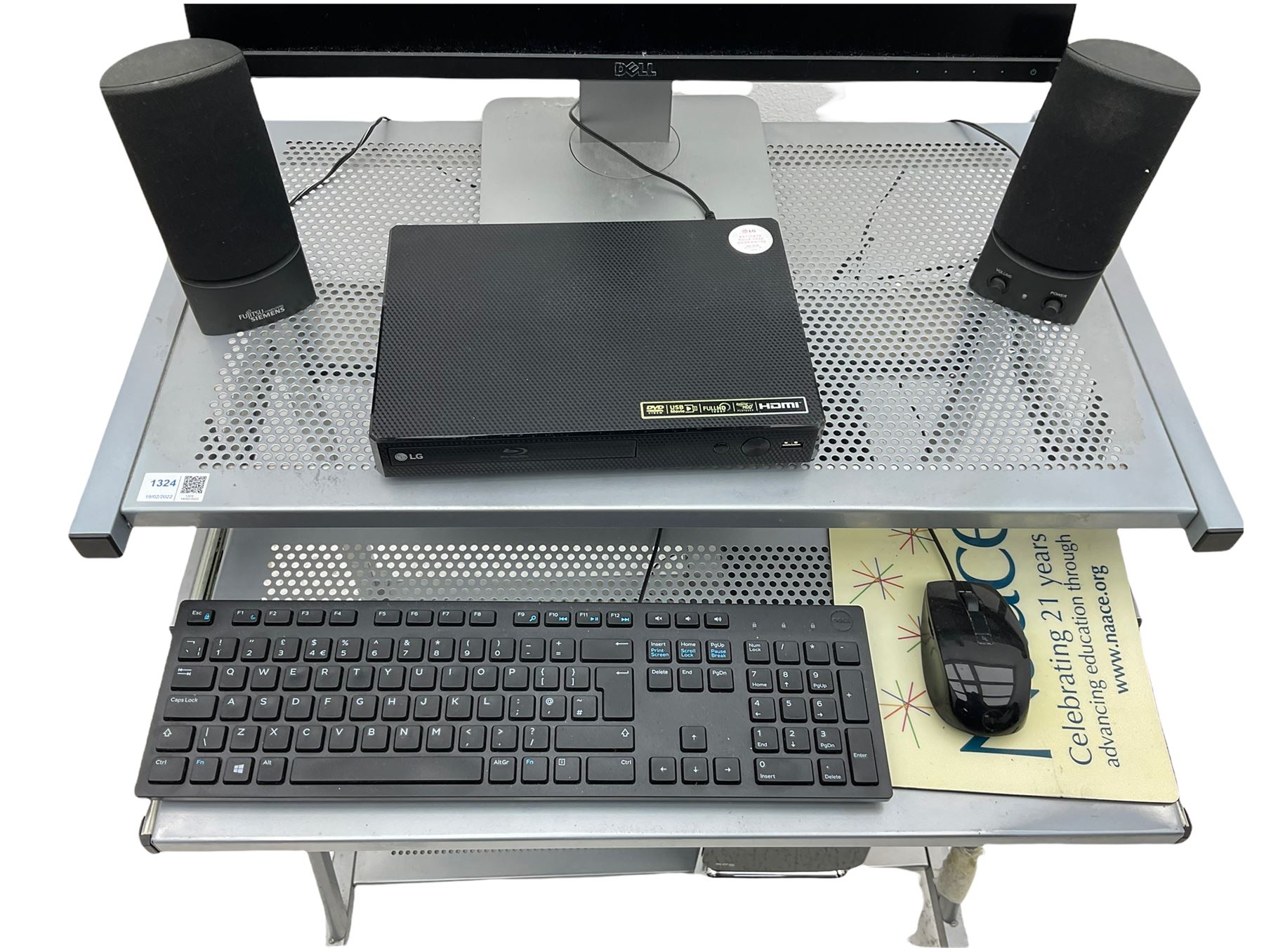 DELL i7 XPS 8900 series computer with monitor and various accessories including: LG BP250 Blu-ray player, SONY floppy disc drive etc. on stand