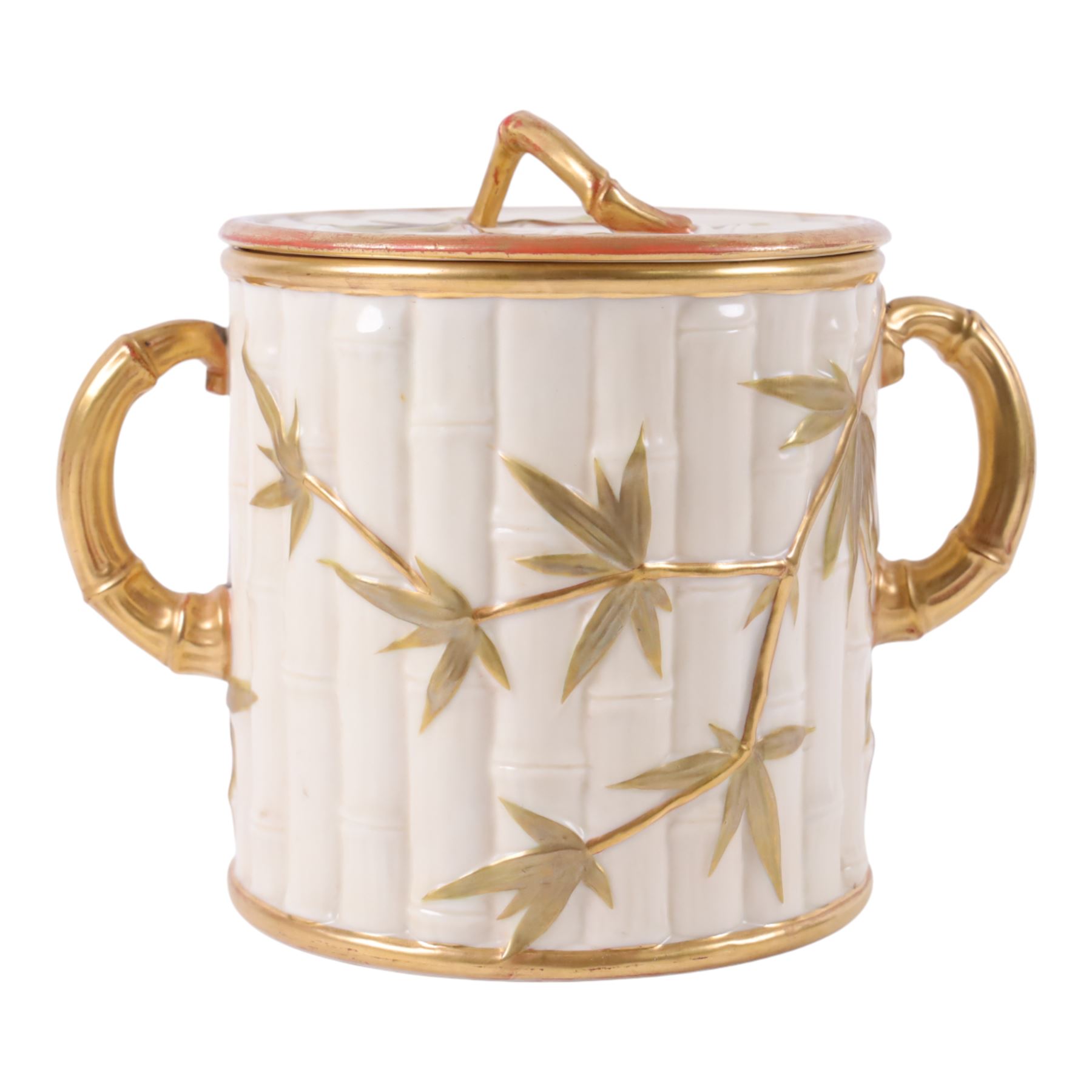 Royal Worcester Blush Ivory twin handled biscuit barrel and lid, in the form of bamboo with gilt highlights, H19cm 