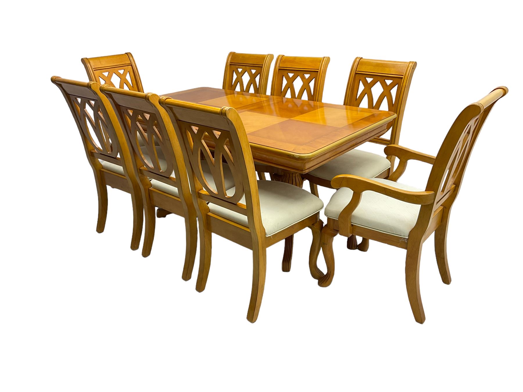 Yew wood extending twin pedestal dining table, rectangular top with ebony stringing over turned and reeded vasiform pedestals on tripod bases, with two additional leaves (W159cm D92cm); and set of eight (6+2) matching dining chairs, high pierced backs over seats upholstered in ivory fabric, on cabriole supports (W57cm H101cm)
