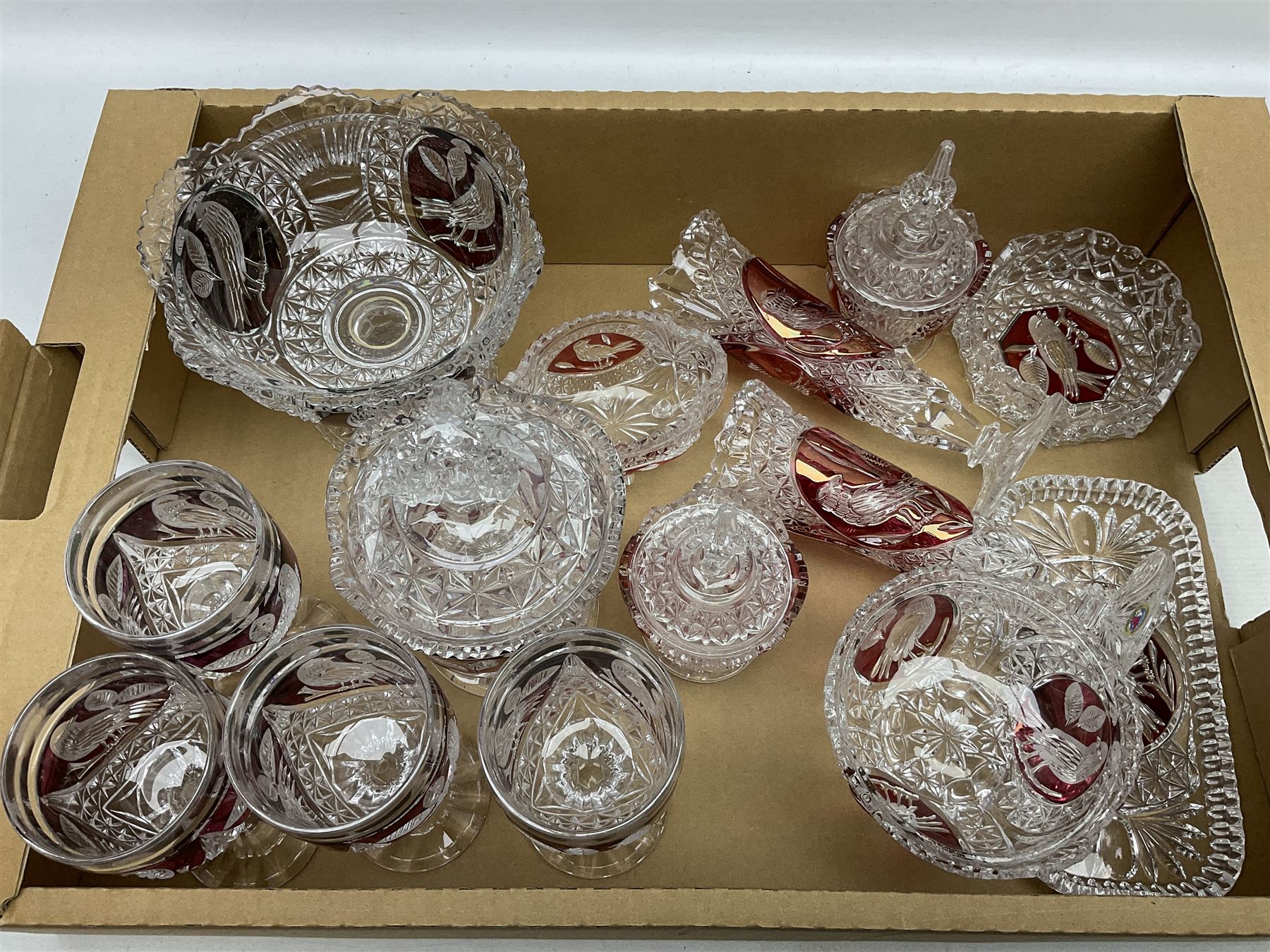 Collection of German Hofbauer flashed glassware, all decorated with birds, to include drinking glasses, vases, lidded jars, dishes, footed pedestal bowl etc