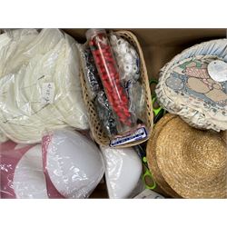 Haberdashery Shop Stock: Zips in various colours and sizes, belts, Swimwear bra cups, reels of Velcro, Bridal accessories, lace, toggles, dolls straw hats etc in four boxes