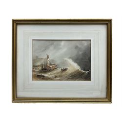 Henry Barlow Carter (British 1804-1868): Scarborough Lighthouse in Stormy Seas, watercolour with scratching out unsigned 16.5cm x 23.5cm