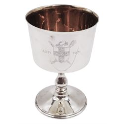 The Barker Ellis York Goblet, in sterling silver, limited edition number 1070 of 1900, commemorating the 1900th anniversary of the founding of the city of York, the bowl of cylindrical form, engraved with the coat of arms of York, with gilt interior, upon knopped stem and spreading circular foot, H11cm, hallmarked Barker Ellis Silver Co, Birmingham 1970, with box and papers