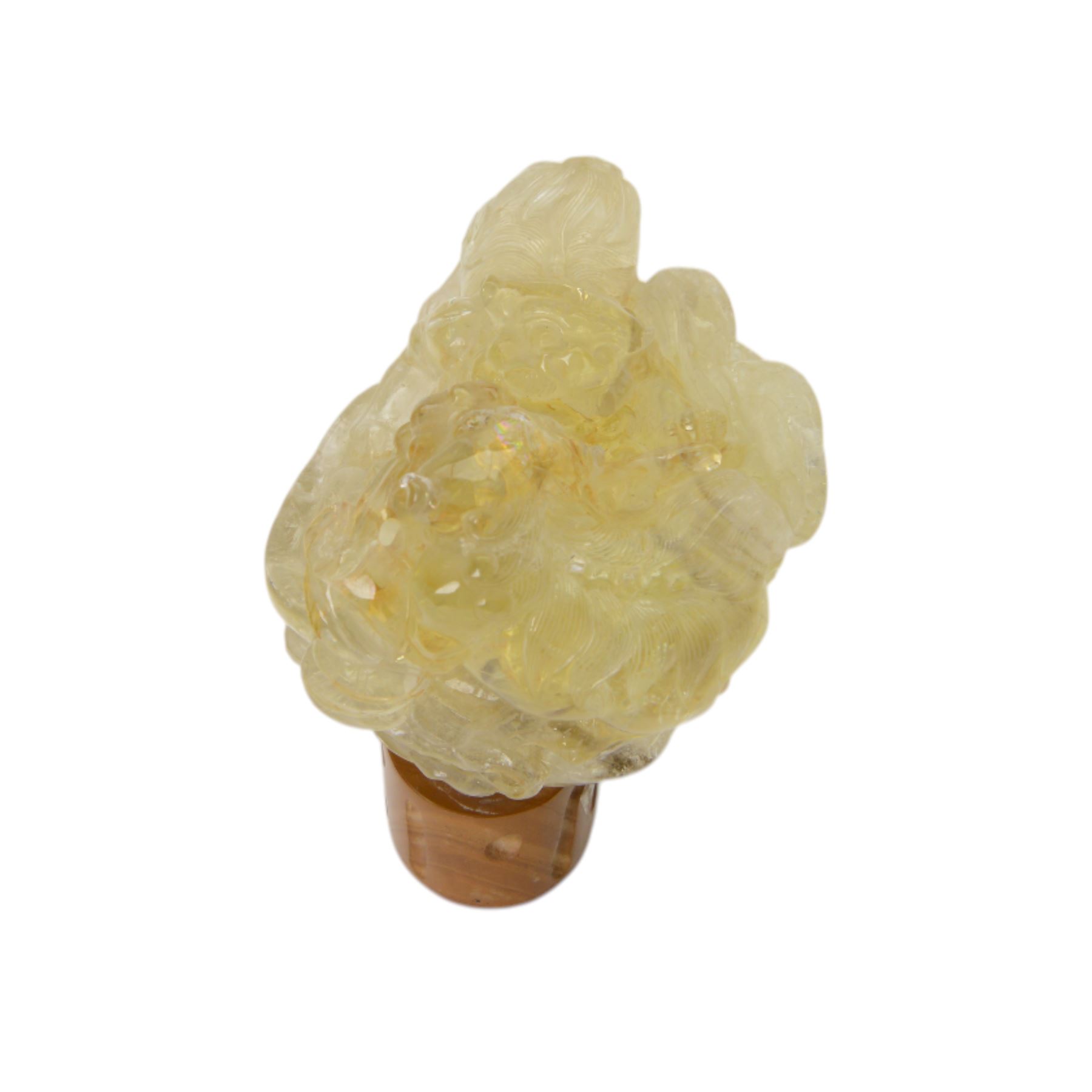 Chinses quartz carved figure group, modelled as two temple lions, upon an oval base, H17cm